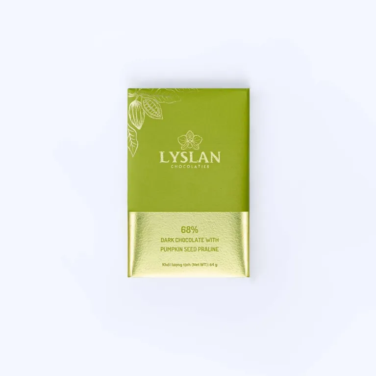 Dark chocolate with pumpkin seeds praline 68% 64gr delivers bold flavor from the delta plains, featuring rich dark chocolate as authentic Mekong Delta chocolate and Vietnamese specialty gift