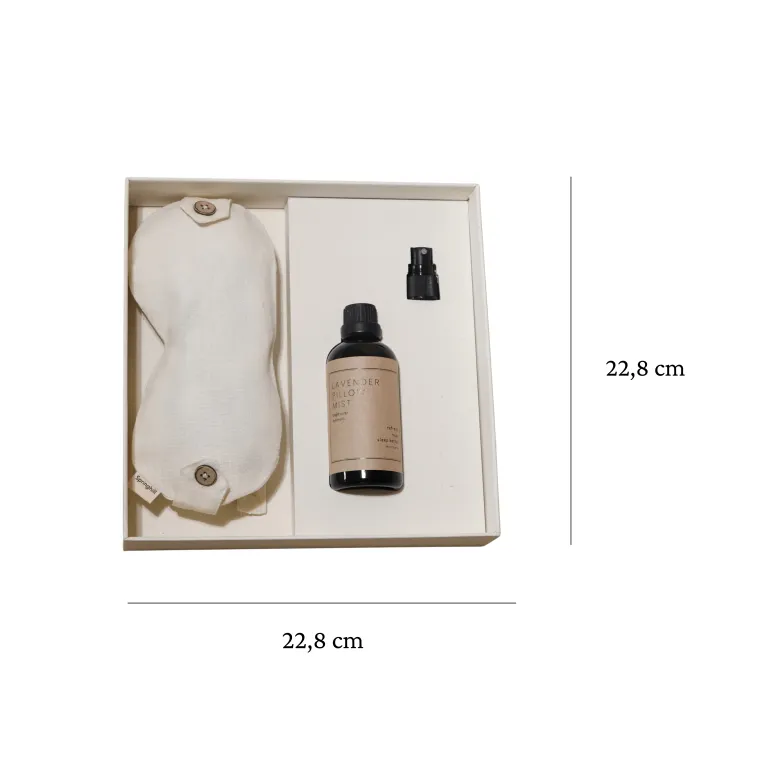 "Care Box" sleep well gift set provides relaxing and energy renewal with eye pillow and fabric spray gift set made from natural ingredients, making lovely health-focused birthday gifts.