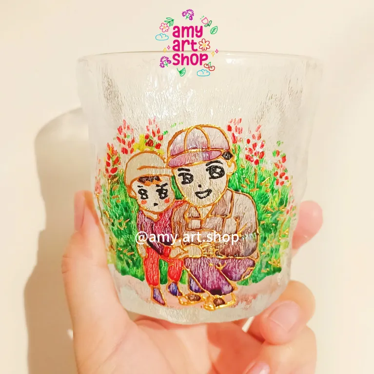 Custom hand-painted portrait glass cup with unfading impression, frosted personalized glass souvenir as personalized birthday gift