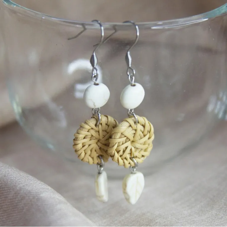 Handcrafted Moon & Leaf earrings from natural rattan deep connection with nature, earrings for girlfriends Vietnamese souvenirs as birthday gift for her