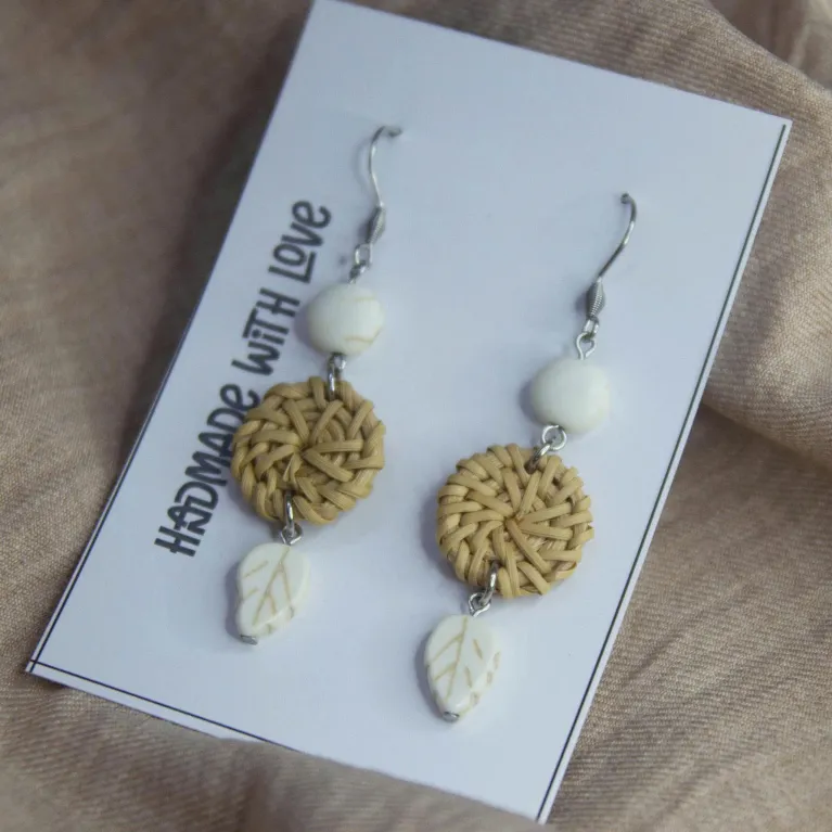 Handcrafted Moon & Leaf earrings from natural rattan deep connection with nature, earrings for girlfriends Vietnamese souvenirs as birthday gift for her
