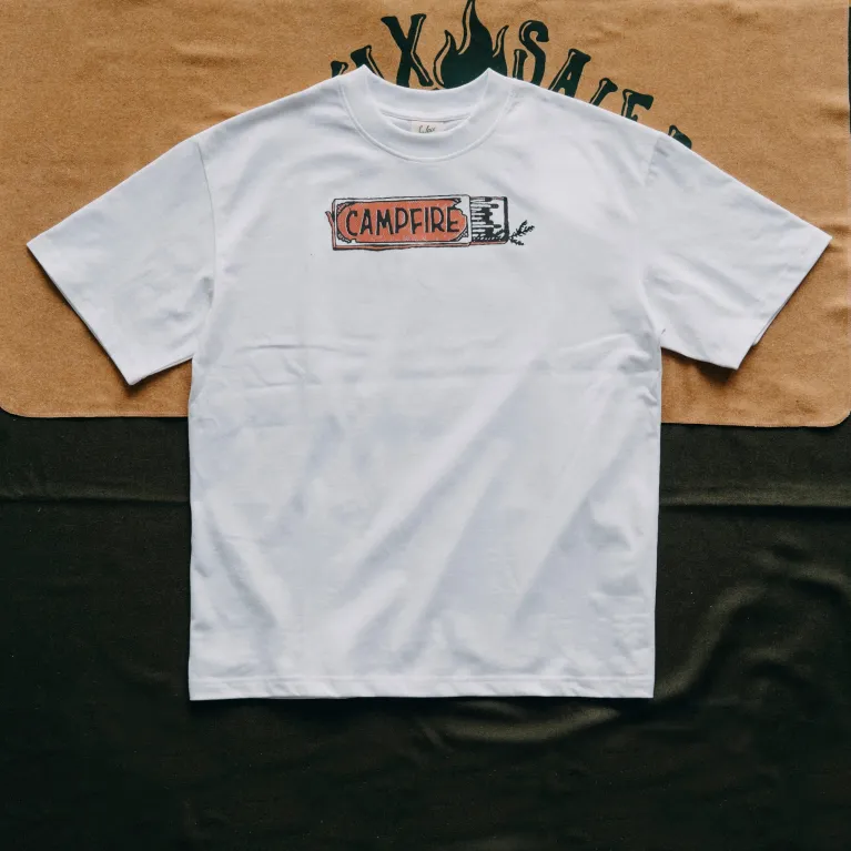 "Campfire" cotton T-shirt with exclusive graphic, radiating youthful energy, perfect for outdoor camping and adventures, unique birthday gift or Vietnamese souvenir.