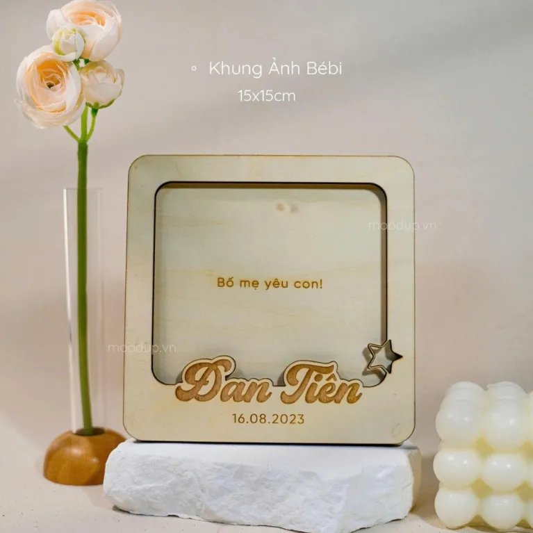 Engraved wooden photo frame for desk décor with your personal touch—tabletop picture frame, personalized Vietnamese souvenir, and unique birthday gift.