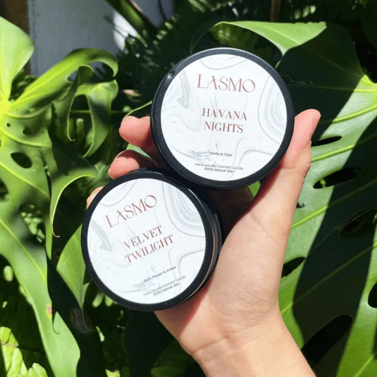 Lasmo scented candle gift set with 4×60g candles, premium fragrance paradise, elegant gift box, made with natural essential oils, sophisticated birthday present.