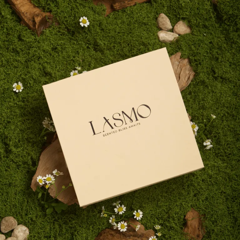 Lasmo scented candle gift set with 4×60g candles, premium fragrance paradise, elegant gift box, made with natural essential oils, sophisticated birthday present.