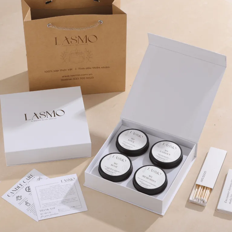Lasmo scented candle gift set with 4×60g candles, premium fragrance paradise, elegant gift box, made with natural essential oils, sophisticated birthday present.