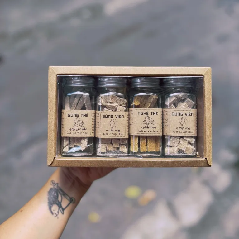 Set quà 4 hũ thảo mộc gừng nghệ đóng gói trải nghiệm ngon lành, quà tặng đặc sản Việt Nam thực phẩm tốt cho sức khỏe quà biếu tặng sức khỏe