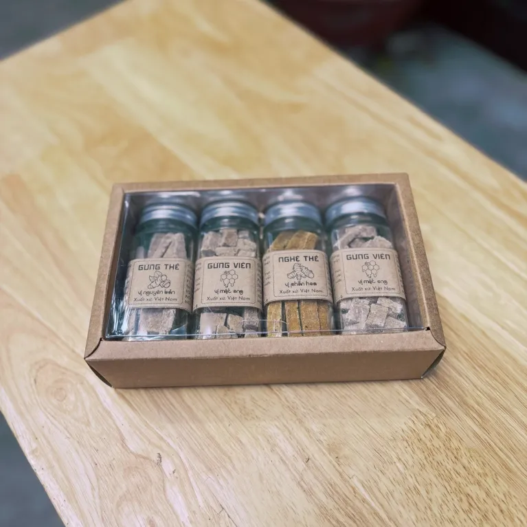 Set quà 4 hũ thảo mộc gừng nghệ đóng gói trải nghiệm ngon lành, quà tặng đặc sản Việt Nam thực phẩm tốt cho sức khỏe quà biếu tặng sức khỏe