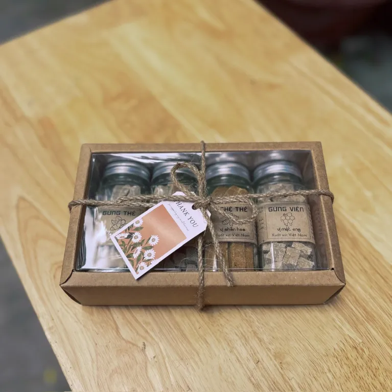 Set quà 4 hũ thảo mộc gừng nghệ đóng gói trải nghiệm ngon lành, quà tặng đặc sản Việt Nam thực phẩm tốt cho sức khỏe quà biếu tặng sức khỏe