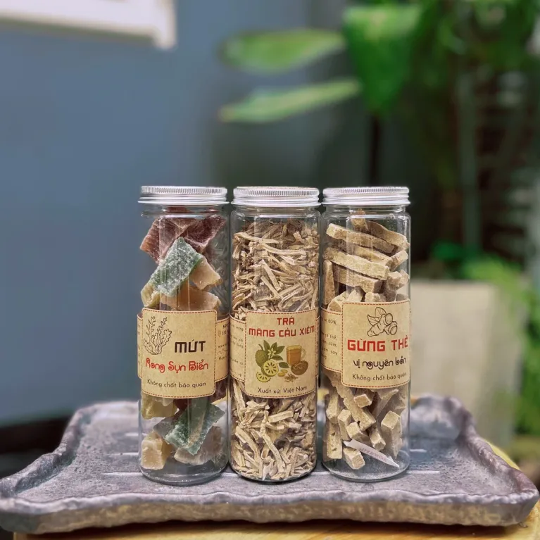 Set quà 3 hũ gừng thẻ, trà mãng cầu và rong sụn, đậm đà hương vị Việt, đóng gói hộp quà nơ vintage, quà tặng đặc sản Việt Nam cho người nước ngoài