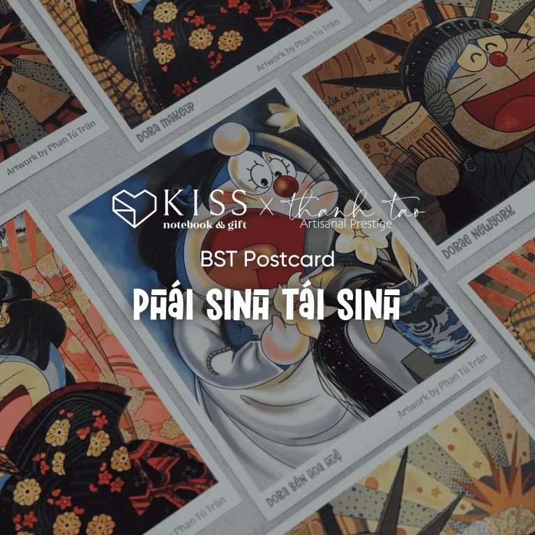 Postcard "Phái Sinh Tái Sinh" với artwork của Phan Tú Trân, cuộc đối thoại thú vị của nghệ thuật—bưu thiếp nghệ thuật, văn phòng phẩm, quà lưu niệm Việt Nam.