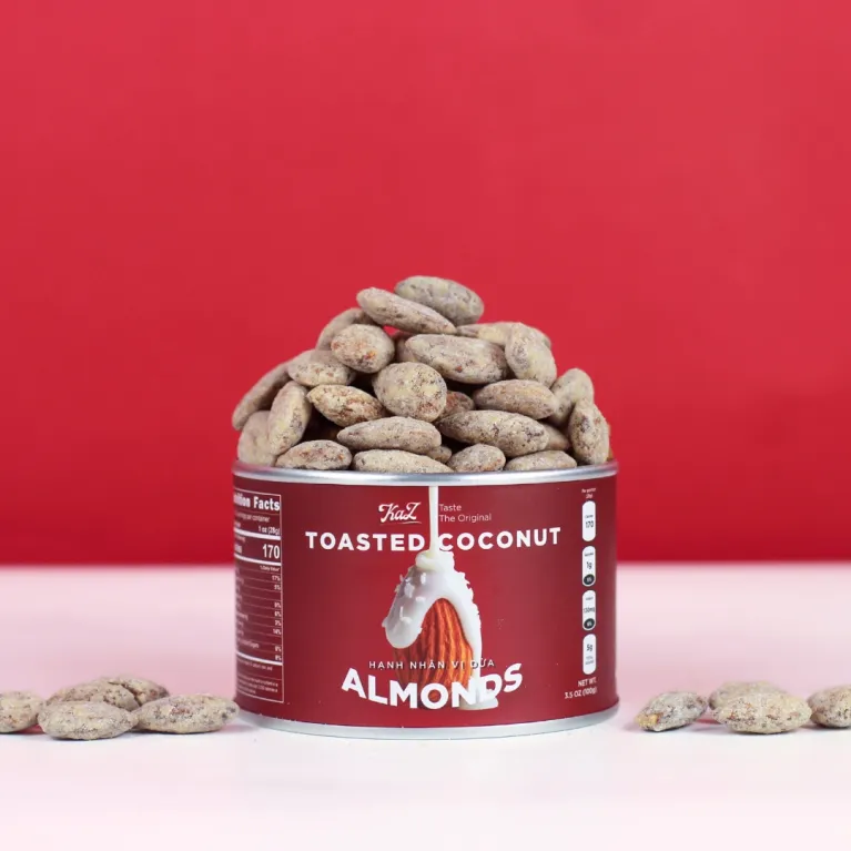 Coconut flavored almonds sweet creamy harmonious temptation, crispy melting almond snack safe ingredients healthy snack light food as gift for friends
