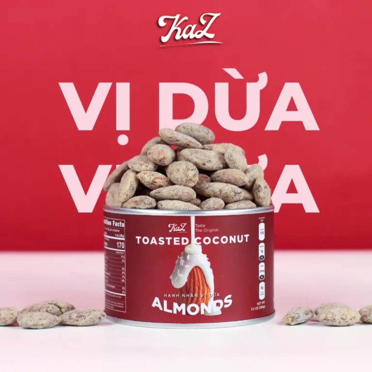 Coconut flavored almonds sweet creamy harmonious temptation, crispy melting almond snack safe ingredients healthy snack light food as gift for friends