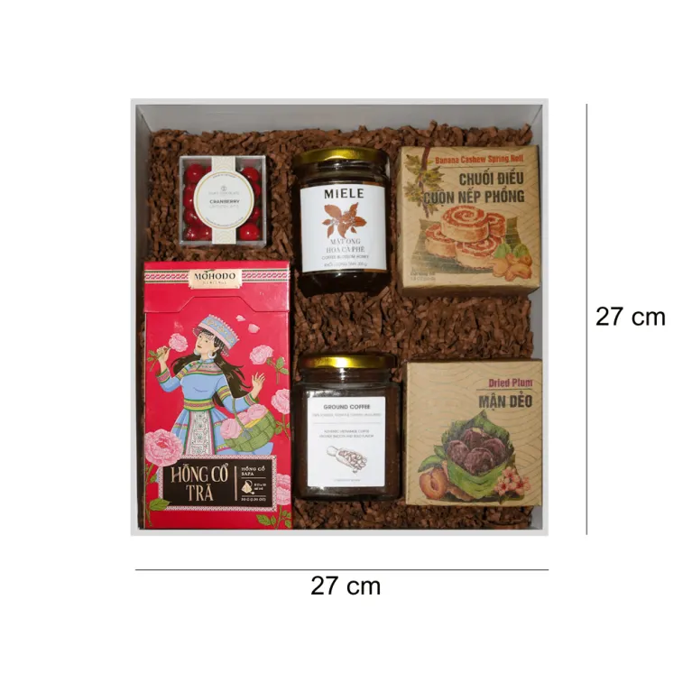 Around Vietnam Gift Box with tea, coffee, and Vietnamese snacks, a refined corporate gift, premium souvenir, and gourmet treat