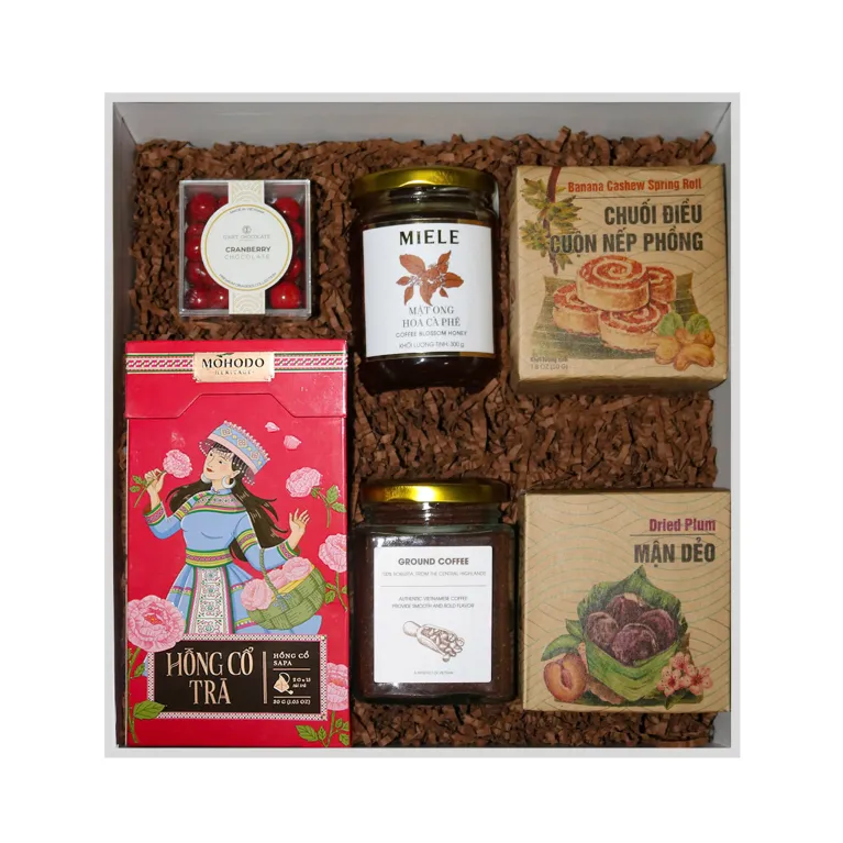 Around Vietnam Gift Box with tea, coffee, and Vietnamese snacks, a refined corporate gift, premium souvenir, and gourmet treat