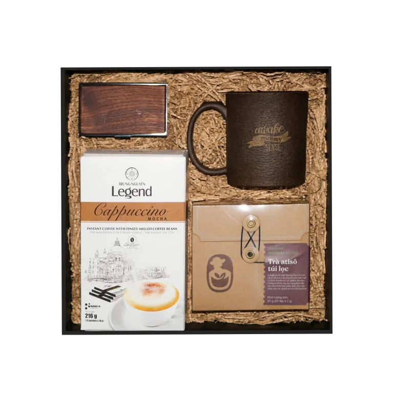 Legend Awakening gift box with coffee ground cup, card holder, coffee and tea – a premium corporate gift.