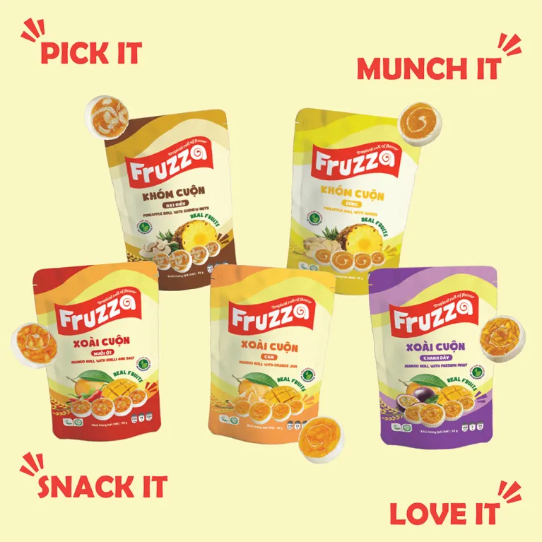 Combo 5 túi trái cây cuộn Fruzza, tươi mới bùng năng lượng với xoài & khóm cuộn nhiều vị, snack lành mạnh – đặc sản Việt Nam, món quà ngọt ngào dễ ăn.