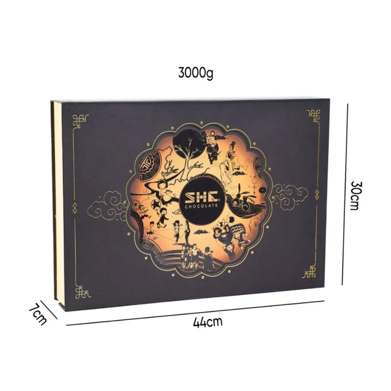 “Brown Moonlight” gift box with 4 chocolate mooncakes, assorted chocolates, nuts & cutlery set – premium Mid-Autumn corporate gift.