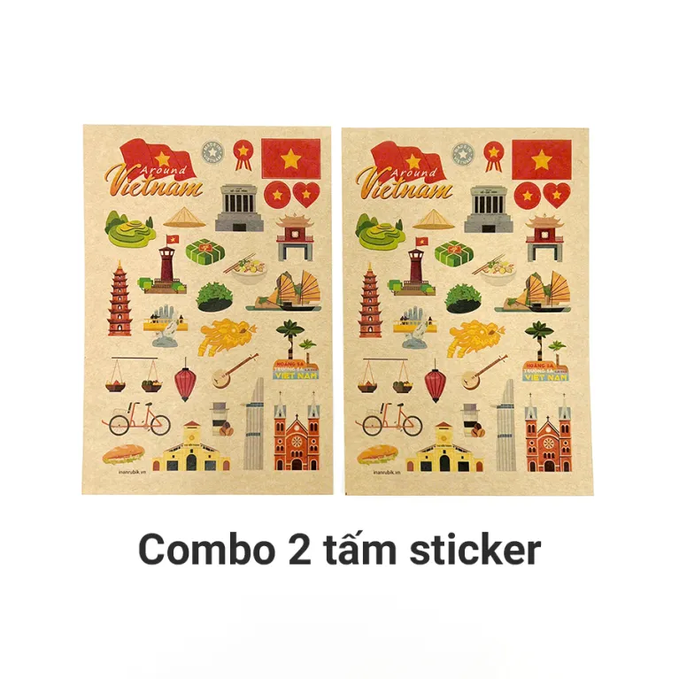 Bộ 2 tấm sticker "Around Vietnam" với 28 hình dán độc quyền, mang đến những góc nhìn rực rỡ về Việt Nam, thích hợp trang trí sổ tay và làm quà lưu niệm ý nghĩa.