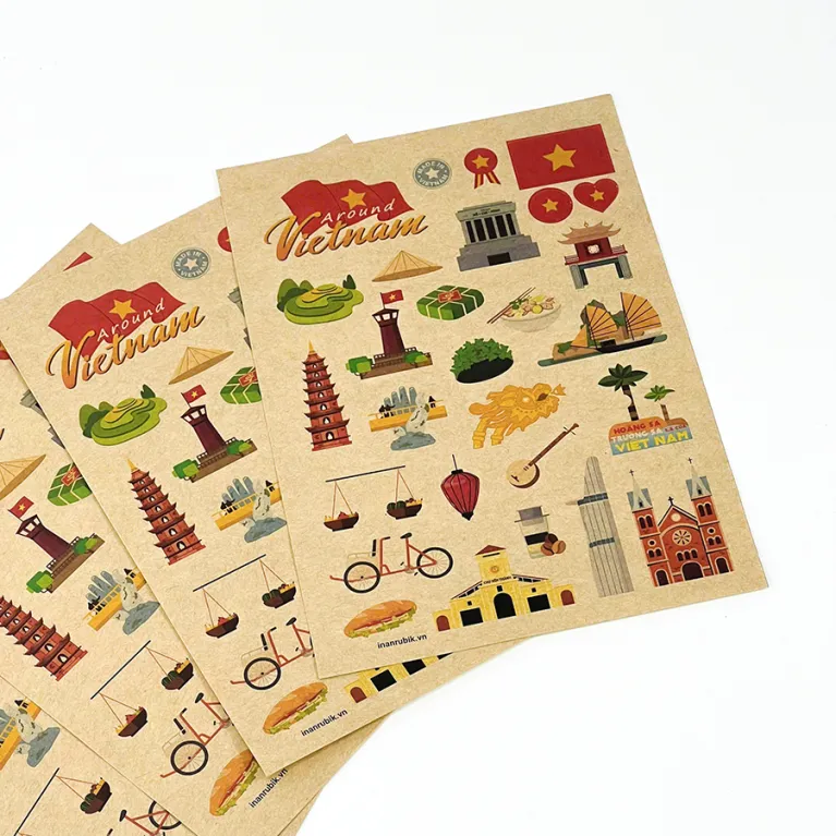 Bộ 2 tấm sticker "Around Vietnam" với 28 hình dán độc quyền, mang đến những góc nhìn rực rỡ về Việt Nam, thích hợp trang trí sổ tay và làm quà lưu niệm ý nghĩa.