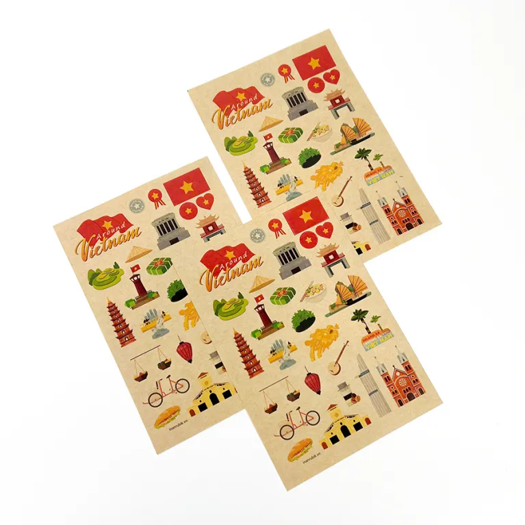 Bộ 2 tấm sticker "Around Vietnam" với 28 hình dán độc quyền, mang đến những góc nhìn rực rỡ về Việt Nam, thích hợp trang trí sổ tay và làm quà lưu niệm ý nghĩa.