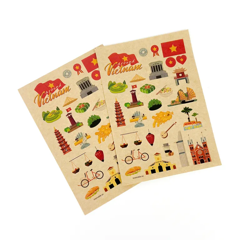 Bộ 2 tấm sticker "Around Vietnam" với 28 hình dán độc quyền, mang đến những góc nhìn rực rỡ về Việt Nam, thích hợp trang trí sổ tay và làm quà lưu niệm ý nghĩa.