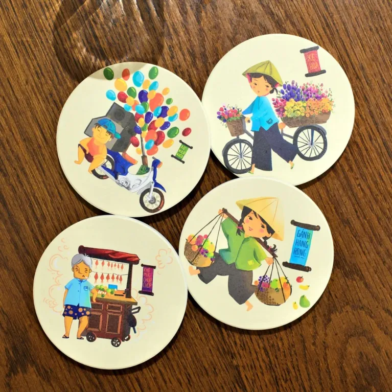 Vietnam cultural coaster set of 4 with wooden base, quick-absorbing and ideal as a compact and meaningful souvenir gift.