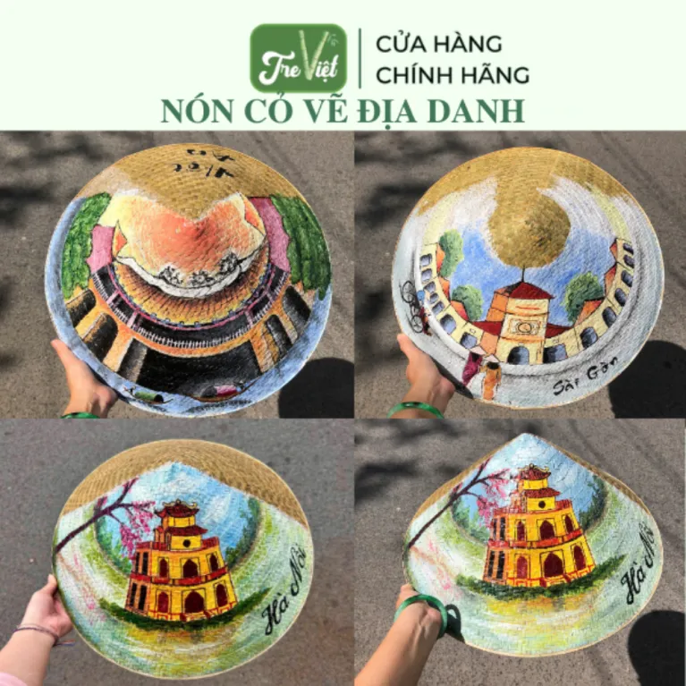 Nón lá cỏ bàng vẽ địa danh Việt Nam thủ công, kèm quai vải chắc chắn, là món quà lưu niệm mang đậm bản sắc Việt.