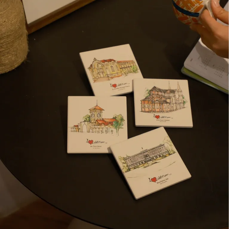 Vietnam ceramic coaster set of 4, fast-absorbing and perfect as a charming home accent or Vietnamese souvenir gift.