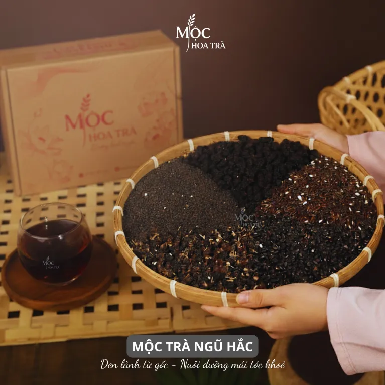 Mộc Trà Ngũ Hắc với 5 loại thảo mộc sấy lạnh giúp dưỡng tóc đen mượt, khỏe dài, dễ pha chế và thích hợp làm quà chăm sóc sắc đẹp cho nữ.
