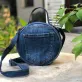 dark blue rounded box bag from old jeans, eye-catching design, versatile spacious compartment, holds many items, high craftsmanship