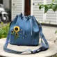 sunflower embroidery denim bucket bag from old jeans, size 21, leather lining inside, playful and youthful style, high craftsmanship