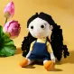 hana in blue overall fabric doll, soft fabric material, handmade product, toy for children, blue overalls pattern with yellow top