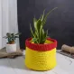 bright yellow with red border crochet cotton basket, handmade basket, vibrant color, maintains its shape, wrapping plant pots