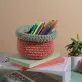giỏ cotton phối hồng đất, xanh nhạt và nâu móc thủ công, tông hồng dịu ngọt, phong cách nữ tính, công dụng đa năng, phụ kiện trang trí phòng