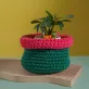green with orange and deep pink border crochet cotton basket, impressive color scheme, intricate crochet technique, home decoration