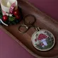 handmade red mushroom wooden keychain, hand-embroidered amanita muscaria mushroom, deep tone, a gift for vintage style enthusiasts