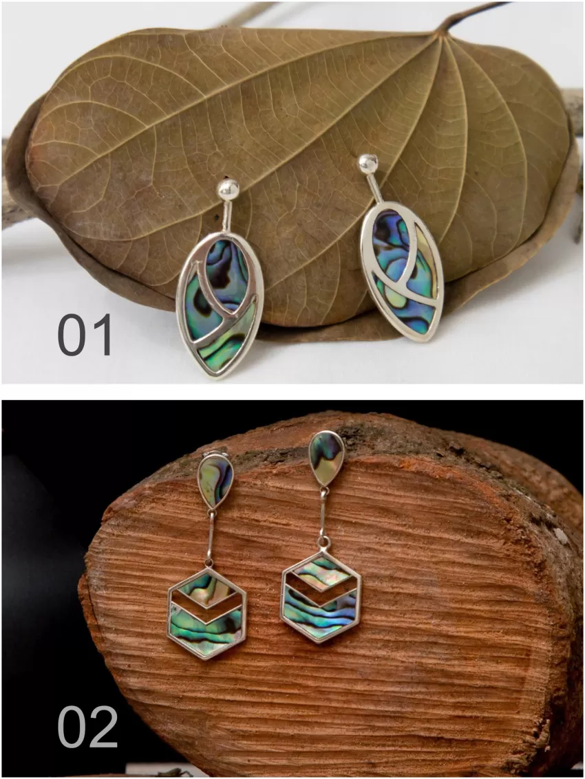 Abalone Shell Earrings, Leaves & Drop Of Heaven Collection, Hexagonal And Oval Design, Intriguing Accessories, Natural Colors