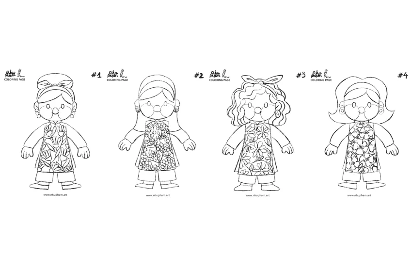 DIY Vietnamese Ao Dai Girl Paper Dolls, Including Coloring Pages