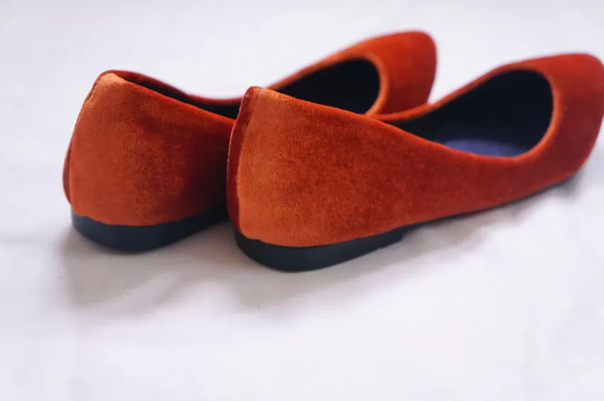 Orange Velvet Handmade Flat Shoes, Velvet Flat Shoes, Soft Women's Velvet Shoes, Velvet Doll Shoes, Girlfriend Gift