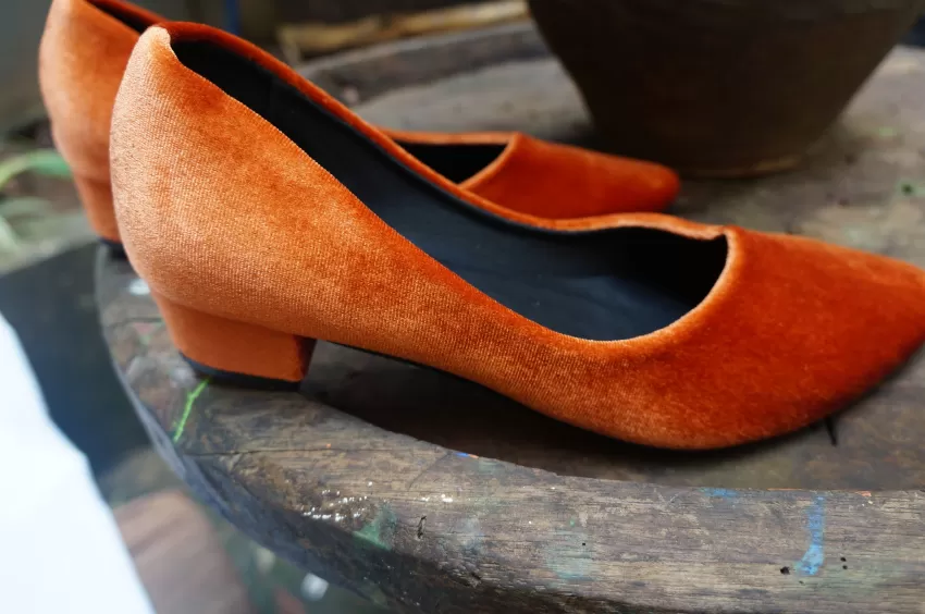 Orange Velvet Handmade Low Heels, 3cm, Closed-Toe Velvet Shoes, 3cm High Heels, Luxurious Velvet Shoes, Gift For A Lady