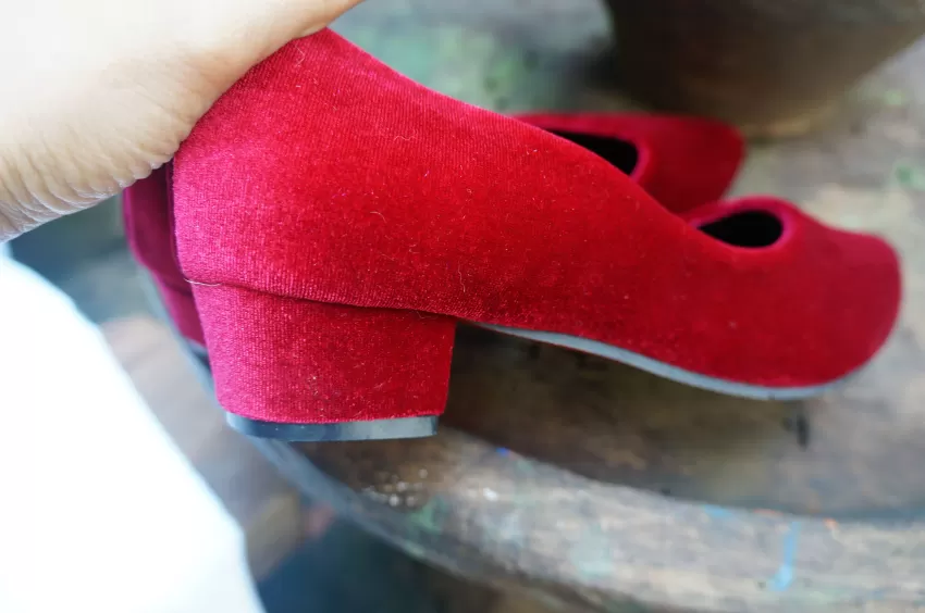 Red Velvet Handmade Low Heels, 3cm, Red Velvet Shoes, 3cm High Heels, Elegant Velvet Shoes, Gift For A Lady