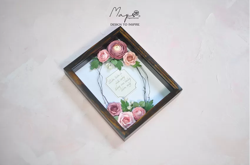 Tranh Hoa Giấy Handmade Trang Trí - The Pink Rose MAYPAPERFLOWER Khung Gỗ Size 20x25cm, Tranh Thủ Công, Quà Tặng Cá Nhân Hóa, Quà Tặng Doanh Nghiệp