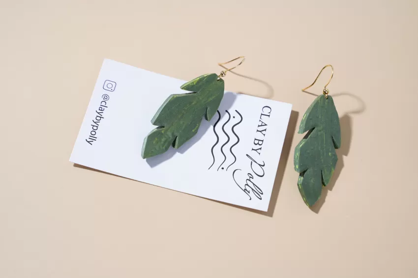 Tropical Large Leaf Earrings, Island Vibes Only Collection, Made Of Fired Clay And Gold-Plated Stainless Steel, Summer Style