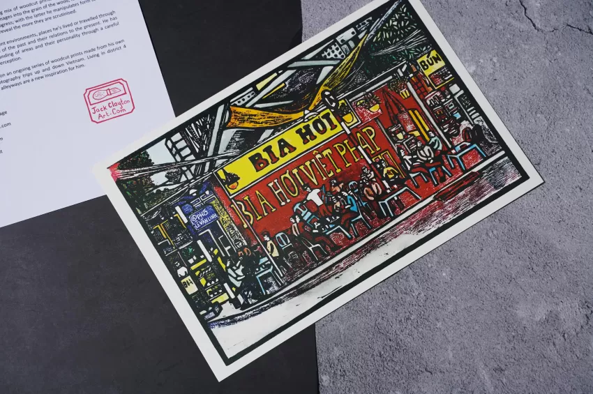 Bia Craft Hoi Hanoi, Woodcut Artprint, Beauty of Hanoi, Striking Colors, High-Quality Printing Paper