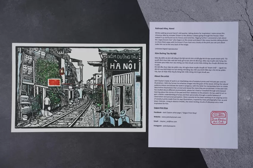 Railroad Alley, Ha Noi, Woodcut Artprint, Hanoi Landscape, Vietnamese Scenery, Artistic Gift