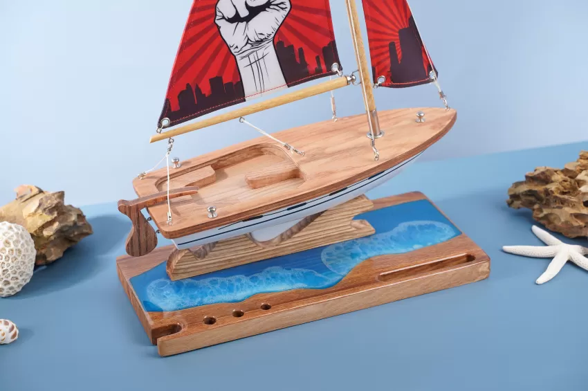 Lucky Sailboat Model C300.T9 On Epoxy River With Art Silk Fabric Double Sail, Corporate Gift