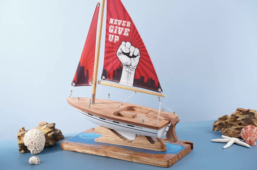 Lucky Sailboat Model C300.T9 On Epoxy River With Art Silk Fabric Double Sail, Corporate Gift