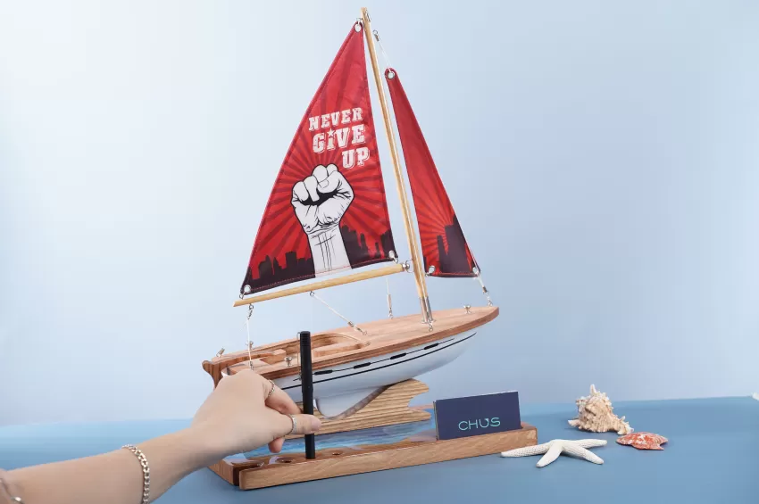 Lucky Sailboat Model C300.T9 On Epoxy River With Art Silk Fabric Double Sail, Corporate Gift