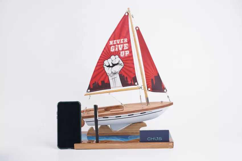 Lucky Sailboat Model C300.T9 On Epoxy River With Art Silk Fabric Double Sail, Corporate Gift